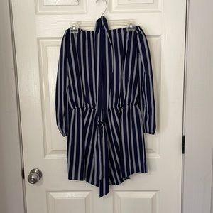 Navy and White Off-The-Shoulder Stripped Romper